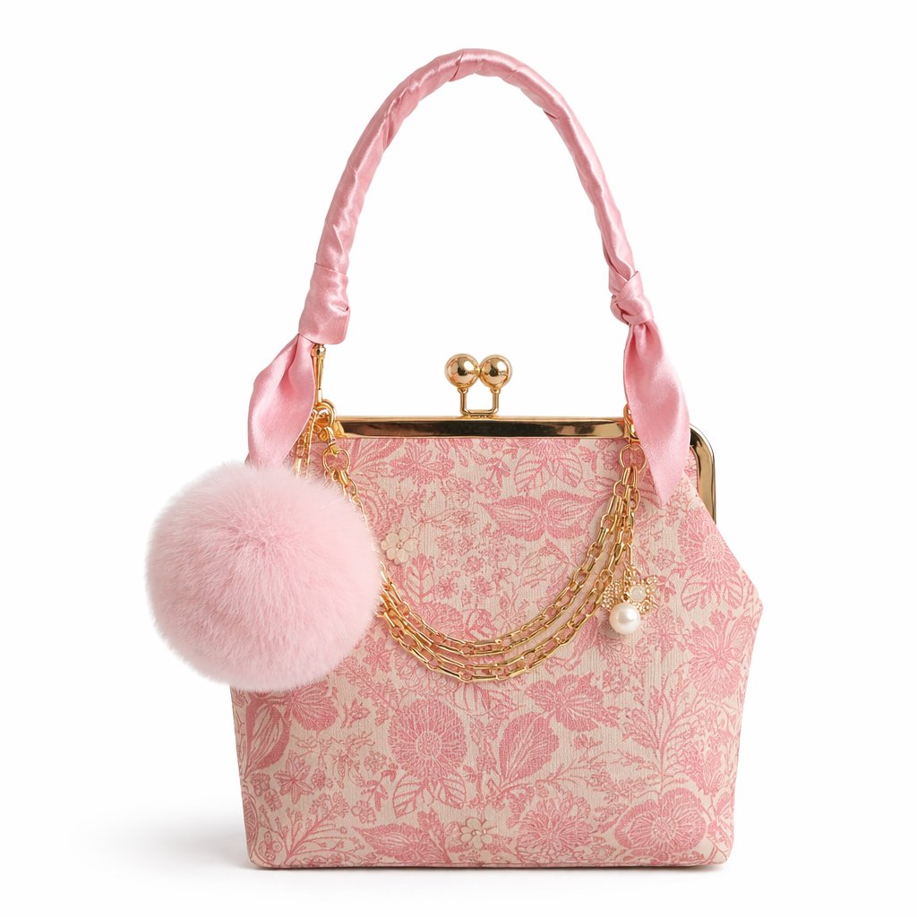 "Ethel" Handcrafted Kiss Lock Bag in Pink Monochrome Fabric